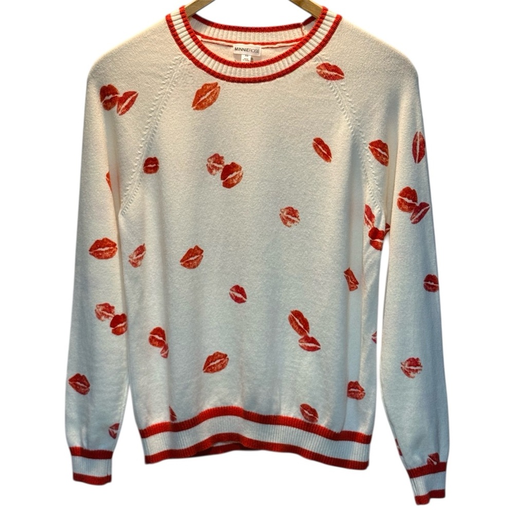 Minnie Rose cashmere cotton White & Red Kiss-Print Crewneck Sweater